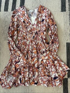 A.L.C. Cream, Rust & Navy Printed V-Neck long sleeve Mini boho chic Dress